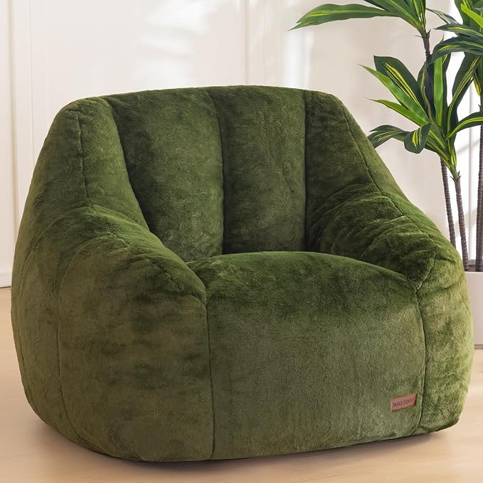 maxyoyo bean bag chair, comfy bean bag sofa with back support, faux fur bean bag chair for adults and kids, stuffed floor sofa for living room, bedroom, apartment, green