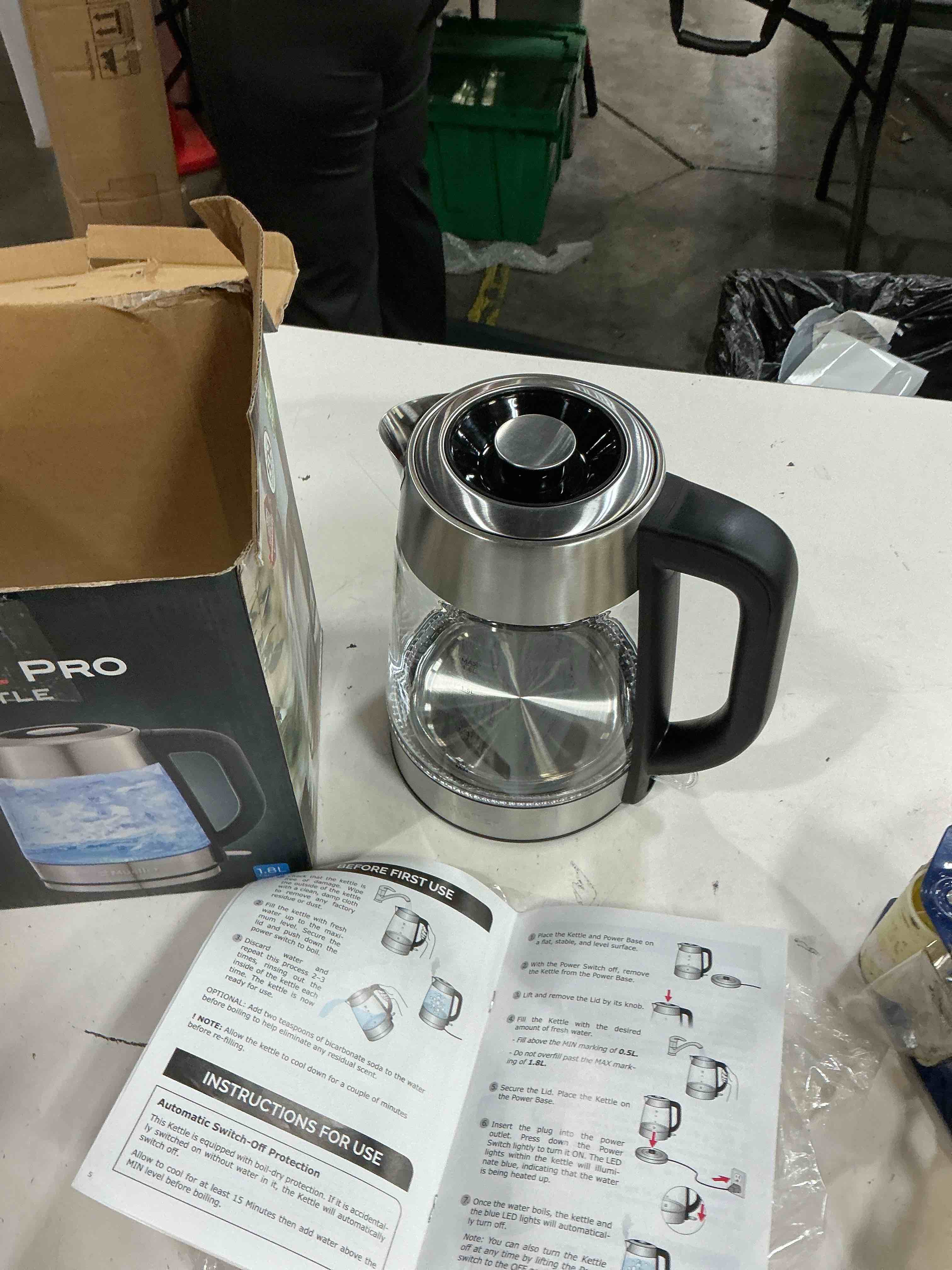 Condition photo showing As Is for mueller home rapid boil electric tea kettle 1.8l – borosilicate glass & stainless steel – bpa-free hot water boiler, led light, auto shut-off, boil dry protection fast water heater, kitchen appliances (missing power base)