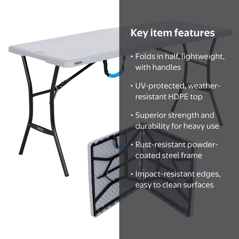 Condition photo showing Good Condition for lifetime 5-foot fold-in-half table – portable indoor/outdoor utility table for camping, events & tailgating – gray
