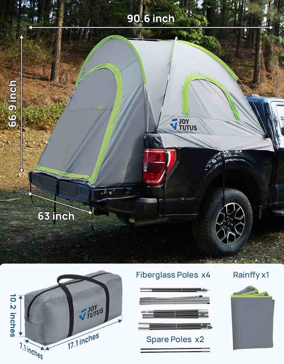 joytutus pickup truck tent 2.0, waterproof pu2000mm double layer for 2 person, portable truck bed tent with rainfly, 5.5'-5.8' camping preferred - green
