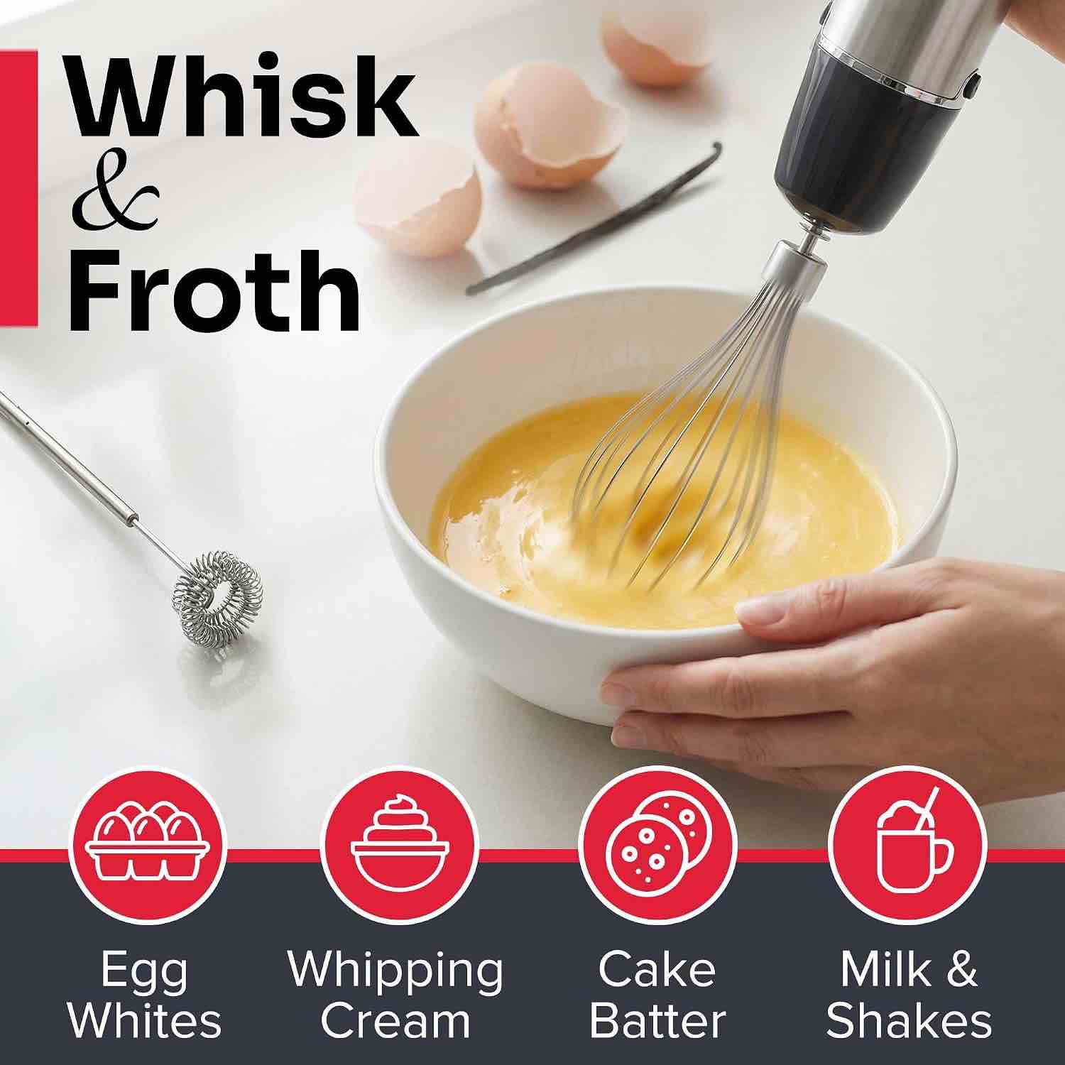 Condition photo showing New/Like New for mueller multistick 5-in-1 immersion blender handheld, 12-speed hand mixer | turbo boost,heaviest duty copper motor,titanium reinforced blades hand blender,milk frother wand,whisk,beaker,chopper,grey