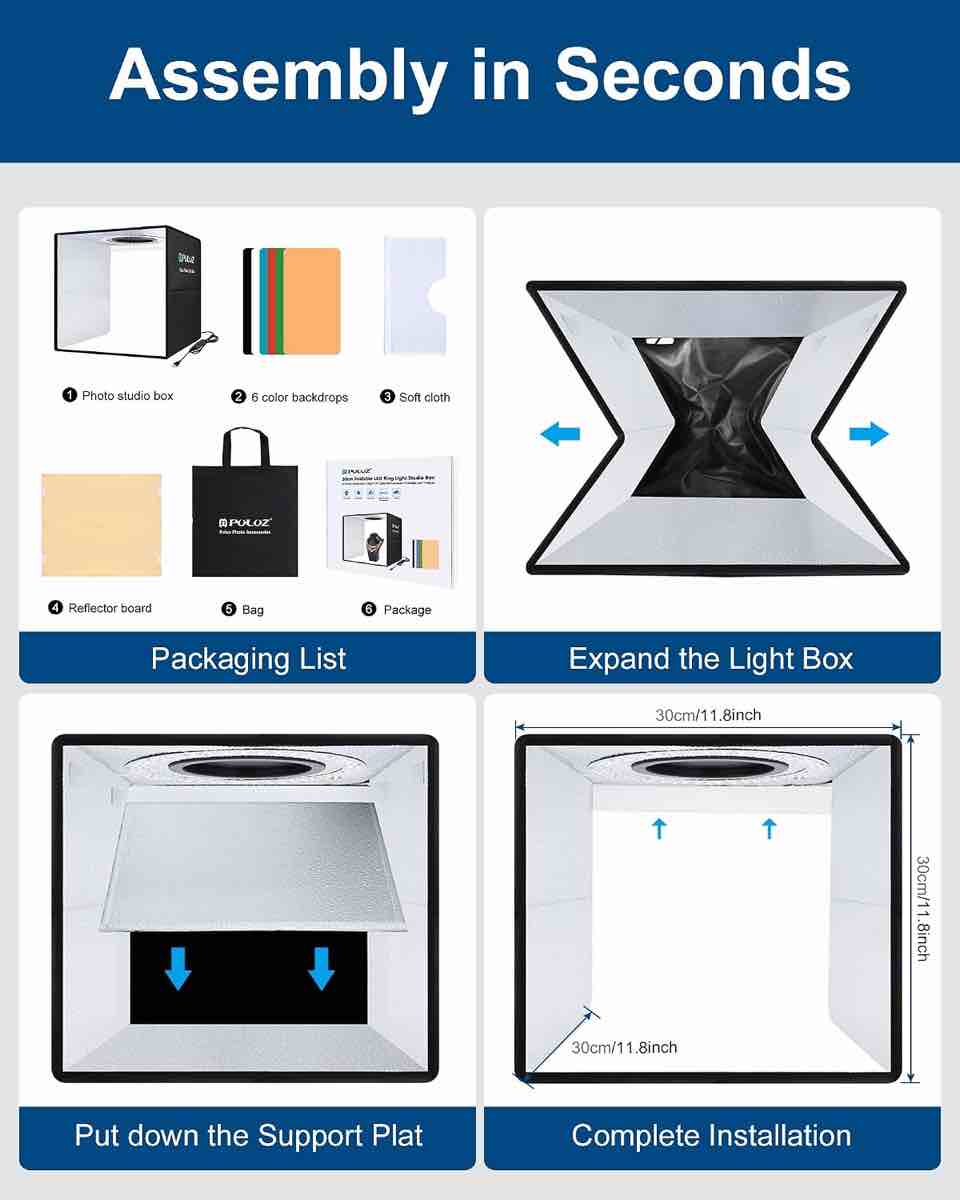Condition photo showing As Is for puluz 12"x12" light box photography, 120 led photo studio box cri95 | adjustable range 1%-100%, 6 pvc backdrops, 3 reflection boards, multi-angle photography, portable and foldable