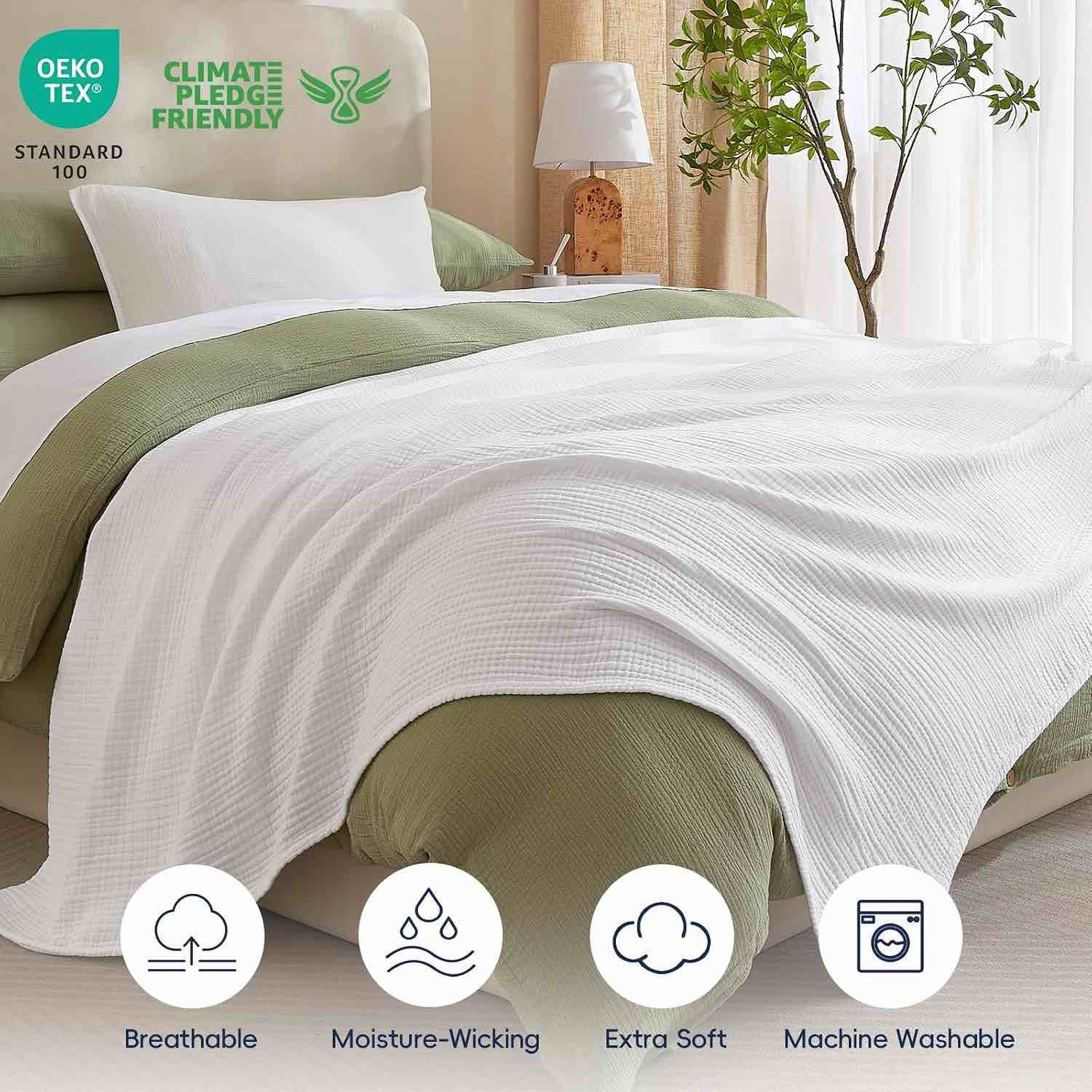 phf 100% cotton muslin blanket king size 108"x90", 4-layer lightweight gauze throw, breathable cloud-soft minimalist blanket for bed, couch, camping & baby, white, ideal gift