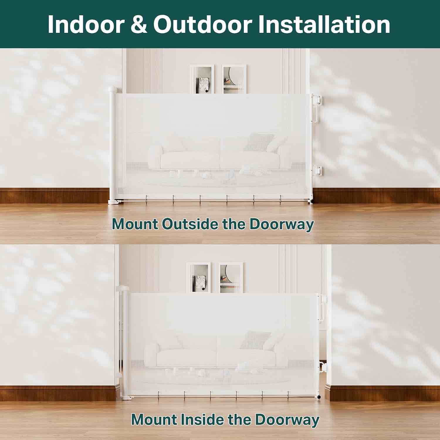 Condition photo showing As Is for cumbor 37-55" retractable baby gates for stairs & doorways, indoor outdoor | hardware mounted mesh dog & pet gate, easy walk through, one-hand operation, anti-crawl adjustable safety gate for dog, white