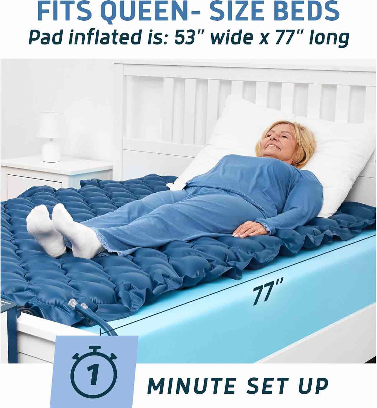 lunderg queen size alternating air pressure mattress pad with static mode | comfortable bed sore prevention - includes waterproof mattress topper 53" x 77" & quiet pump