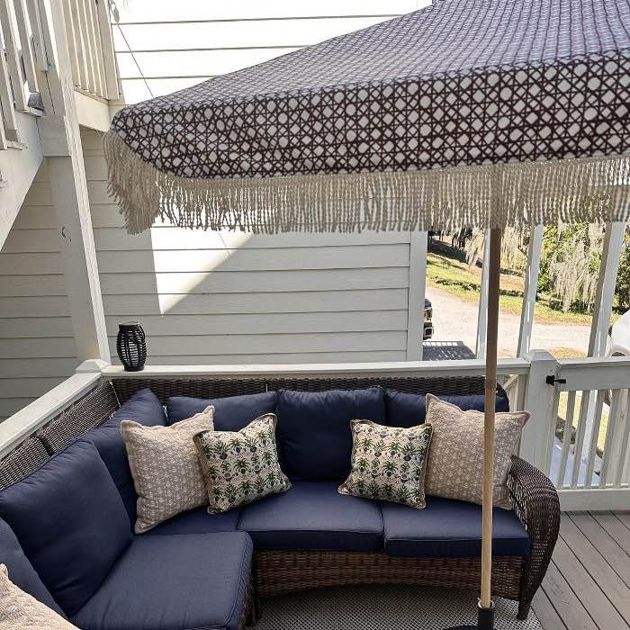 Condition photo showing Good Condition for 7.5' cane fringe outdoor patio umbrella brown - tempera