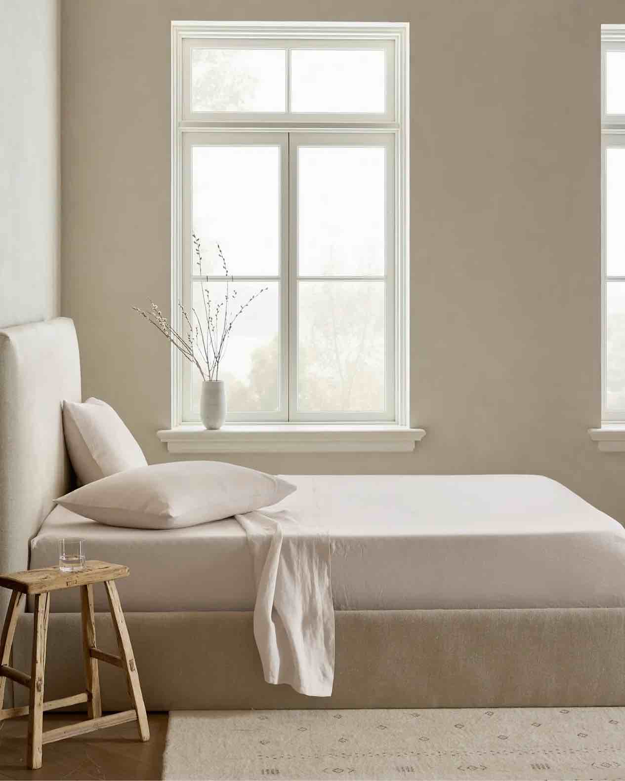 Condition photo showing As Is for (includes 1 fitted, 1 flat, 1 sham, 1 extra sham) quince- european linen sheet set size queen, color sand