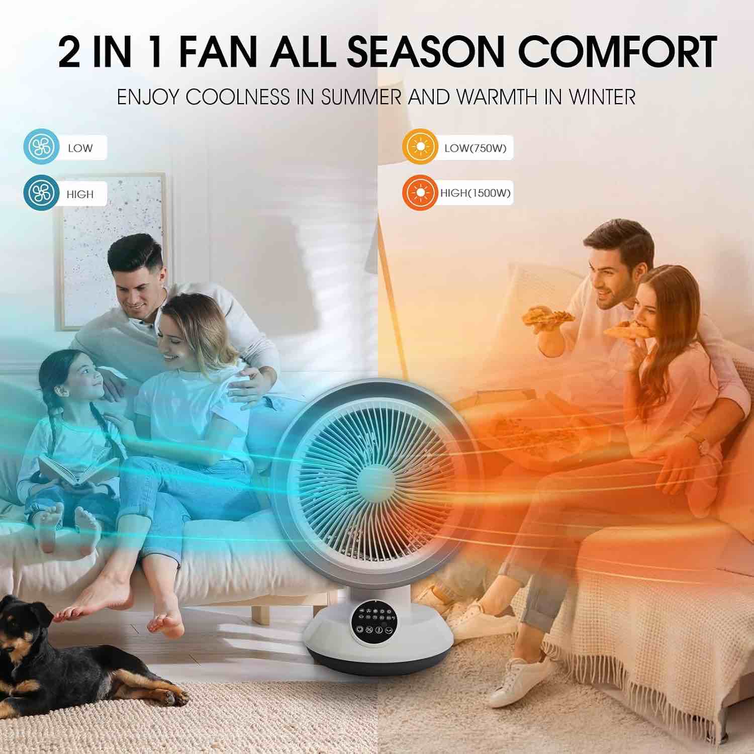 Condition photo showing As Is for 2-in-1 heater fan combo, air circulator fan with remote control, 55° auto oscillating cooling desk fan, tip-over & overheat protection, portable space heater for bedroom office