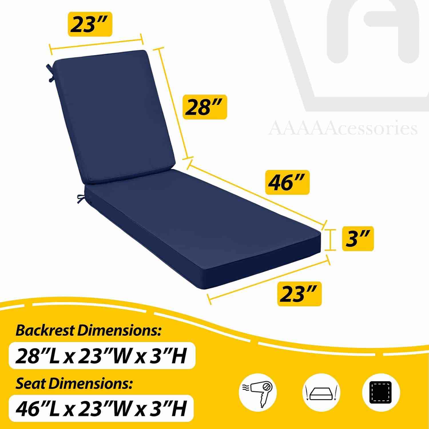 aaaaacessories outdoor chaise lounge cushions, 74 x 23 x 3 in, set of 1 | patio furniture replacement chair cushions, fade-resistant, waterproof, removable cover with ties, navy blue