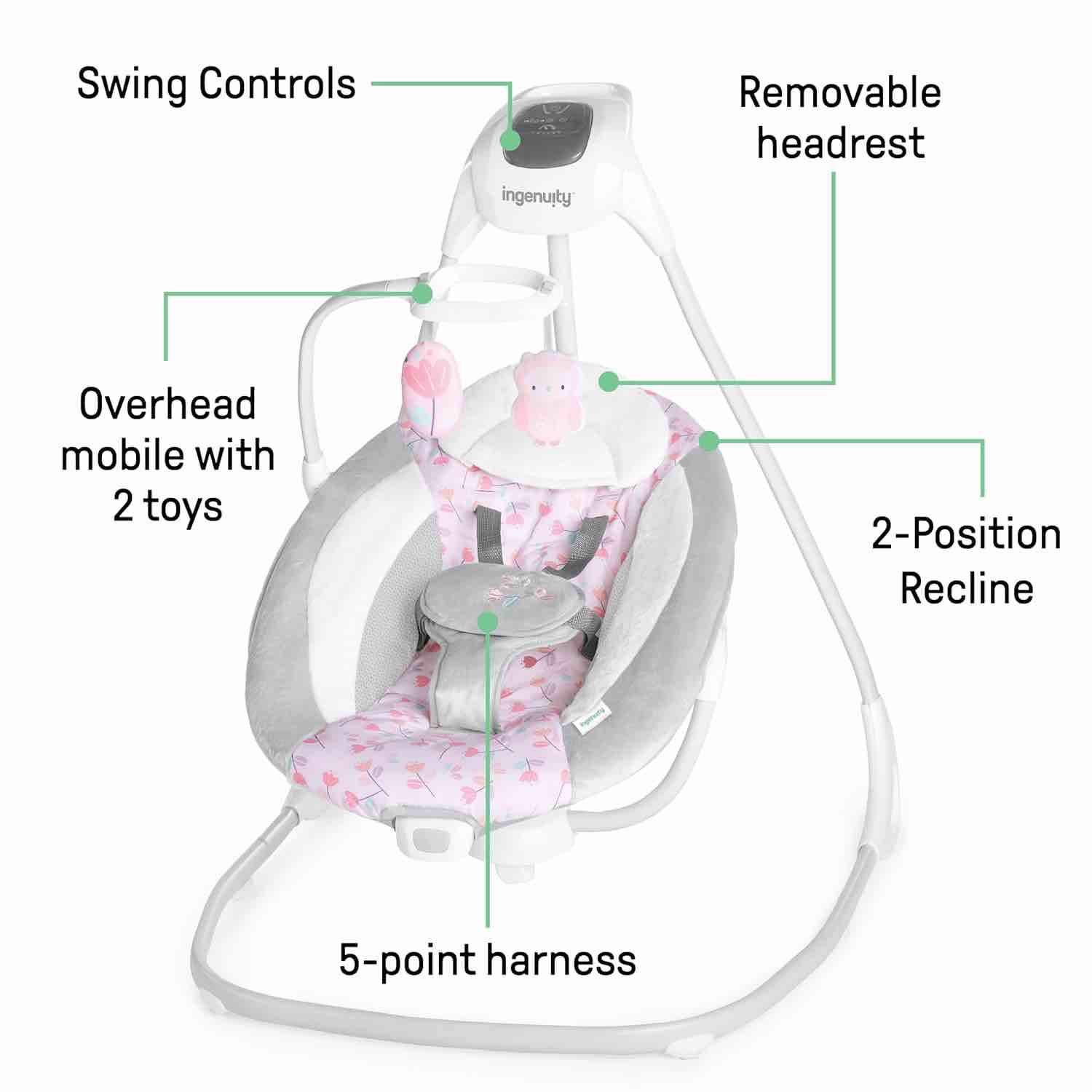 Condition photo showing As Is for ingenuity simplecomfort lightweight compact 6-speed multi-direction baby swing, vibrations & nature sounds, 0-9 months 6-20 lbs (pink cassidy)