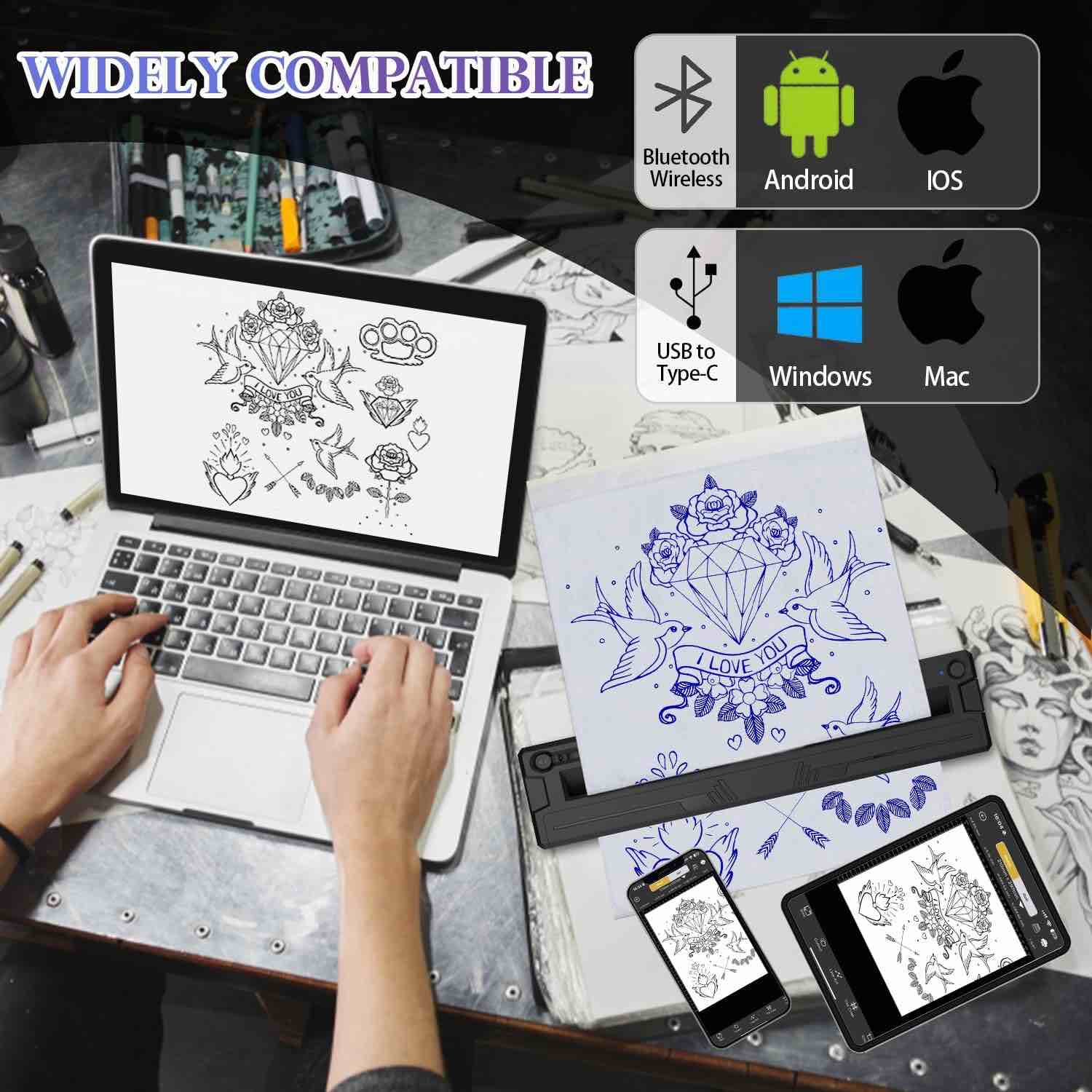 Condition photo showing Good Condition for wireless tattoo stencil printer, portable bluetooth thermal tattoo printer with app custom-size? a4, print realistic portraits, 10 transfer papers, works for phone/tablet/pc (black)