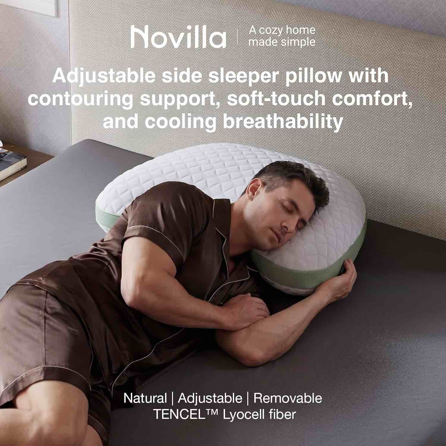Condition photo showing Good Condition for novilla tencel side sleeper pillow for neck and shoulder pain, curved crescent design with adjustable shredded memory foam, silk-like soft cover for face & hair care, queen green queen