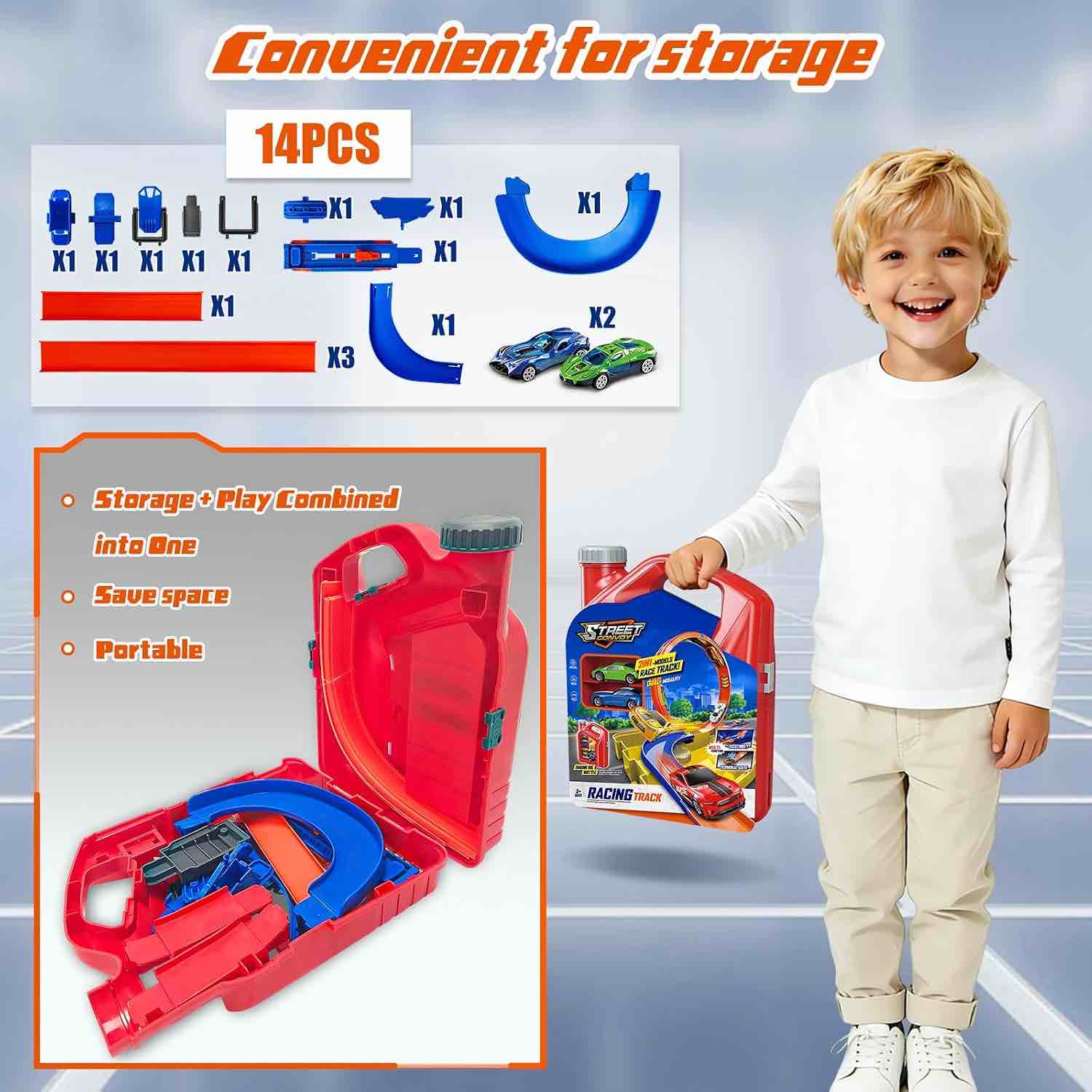 Condition photo showing As Is for race track toy car set with 2 race cars,2 in 1 car tracks style with storage box,changeable tracks toys birthday gifts for kids 3 4 5 6 7 8+year old boys girls (red)