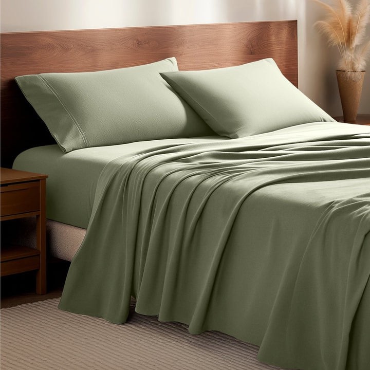 Condition photo showing As Is for (2 standard pillow cases only) bare home- cotton flannel sheet set -color solid sage twin 