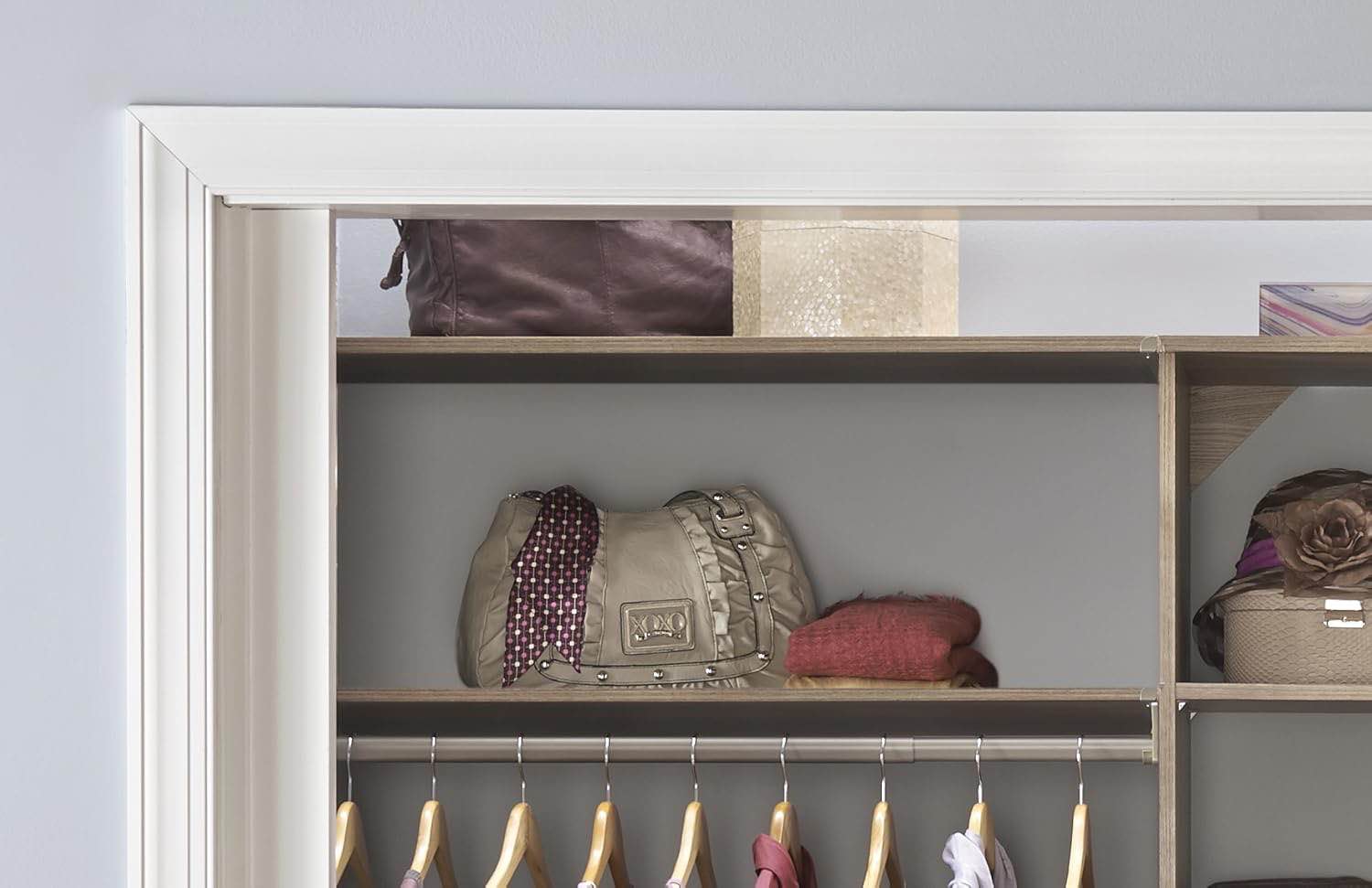 Condition photo showing As Is for closetmaid suitesymphony wood top closet shelf, 48-inch wide, natural gray
