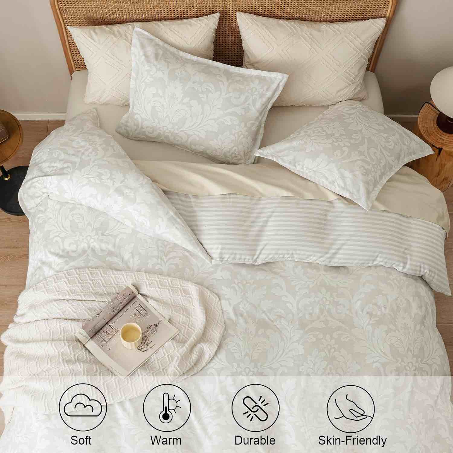 phf ultra soft floral duvet cover king size, 104"x90", paisley-beige | printed bedding set 3 pieces, comfy farmhouse pattern duvet cover set with 2 pillow shams, zipper closure and 8 ties
