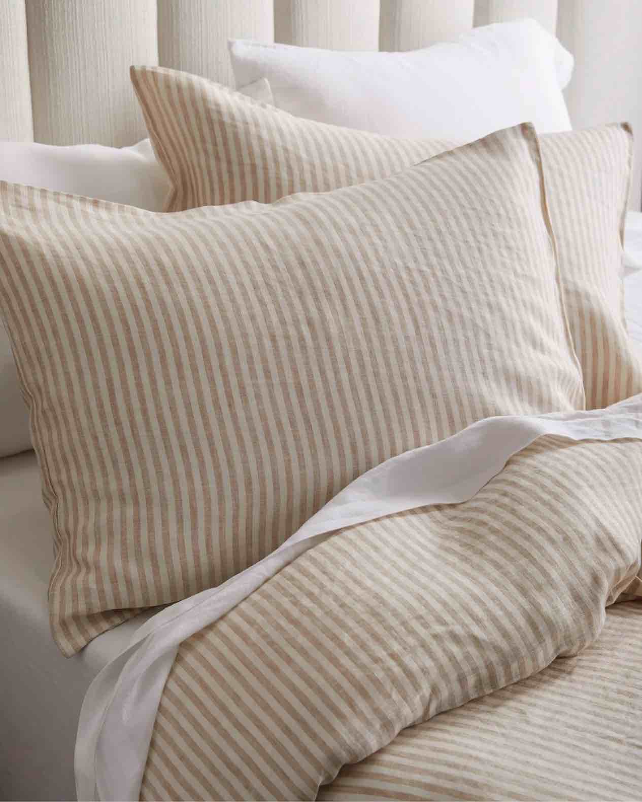 Condition photo showing Good Condition for quince- european linen stripe sham set king, in color natural/white stripe