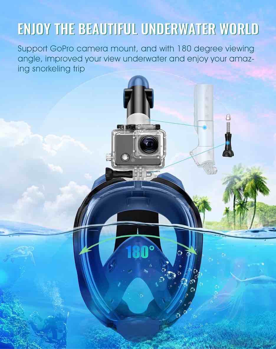 Condition photo showing Good Condition for greatever g2 full face snorkel mask with latest dry top system,foldable 180 degree panoramic view snorkeling mask with camera mount,safe breathing,anti-leak&anti-fog cerulean blue large/ x-large