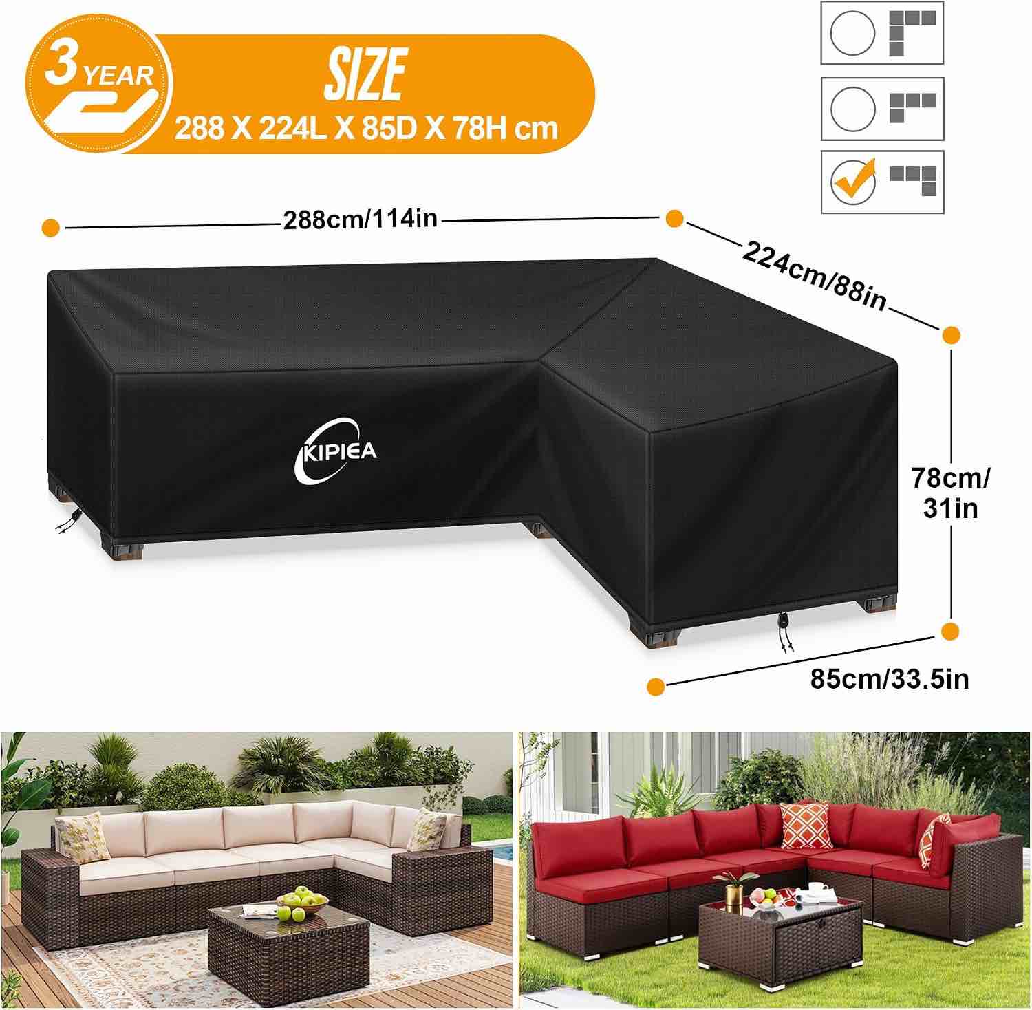 kipiea patio l-shaped sectional sofa cover, 420d heavy-duty oxford fabric outdoor sectional cover with 6 windproof buckles, anti uv and no tears, no fading (114lx88lx33.5dx31h/24h inch) 114\"x88\"(l-shaped-right facing)