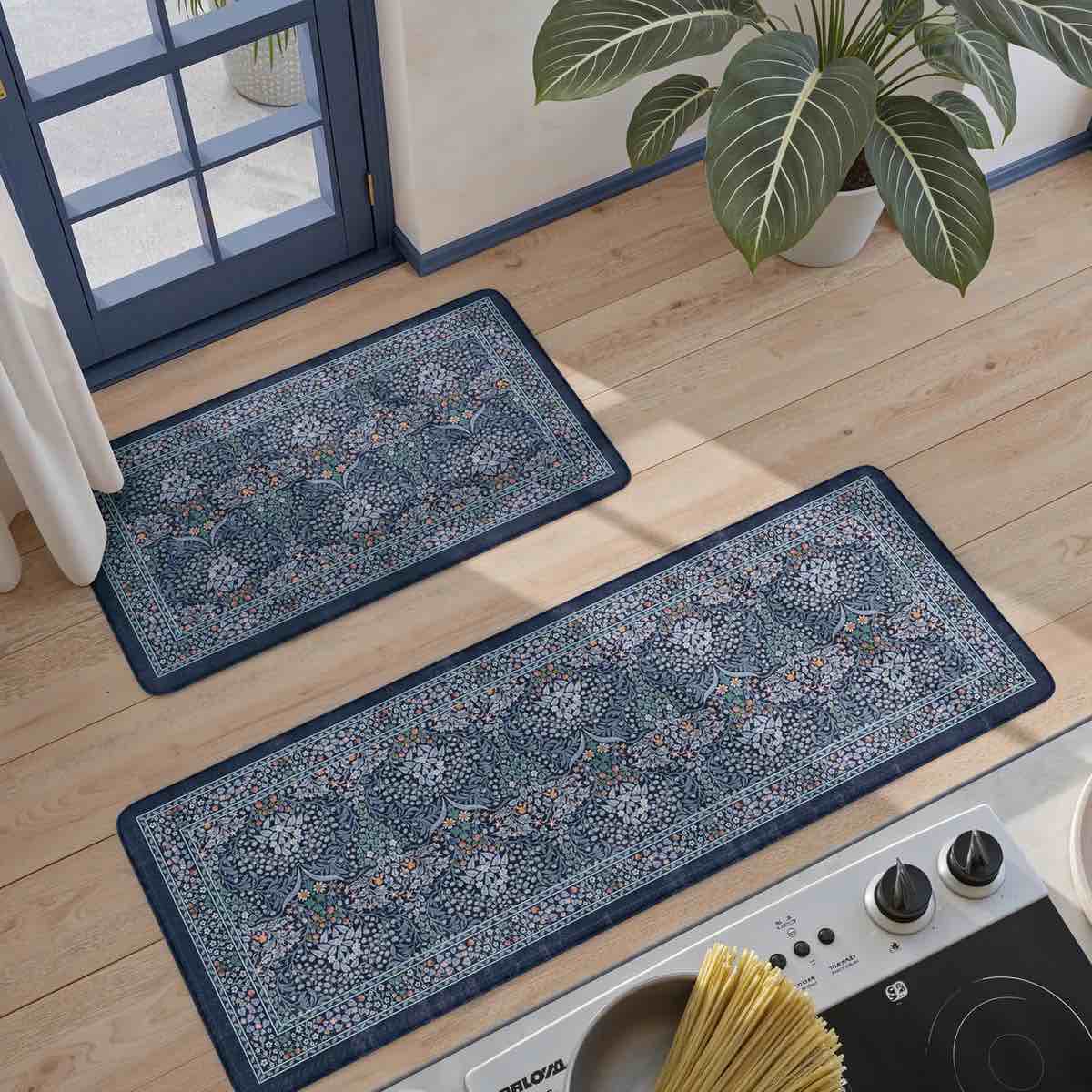 Clarisse Maximalism Floral Blue Anti-Fatigue Kitchen Mat Set