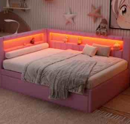 ((incomplete))full size upholstered platform bed with usb ports & led lighting - includes trundle, sturdy metal frame, no box spring needed (pink, full)