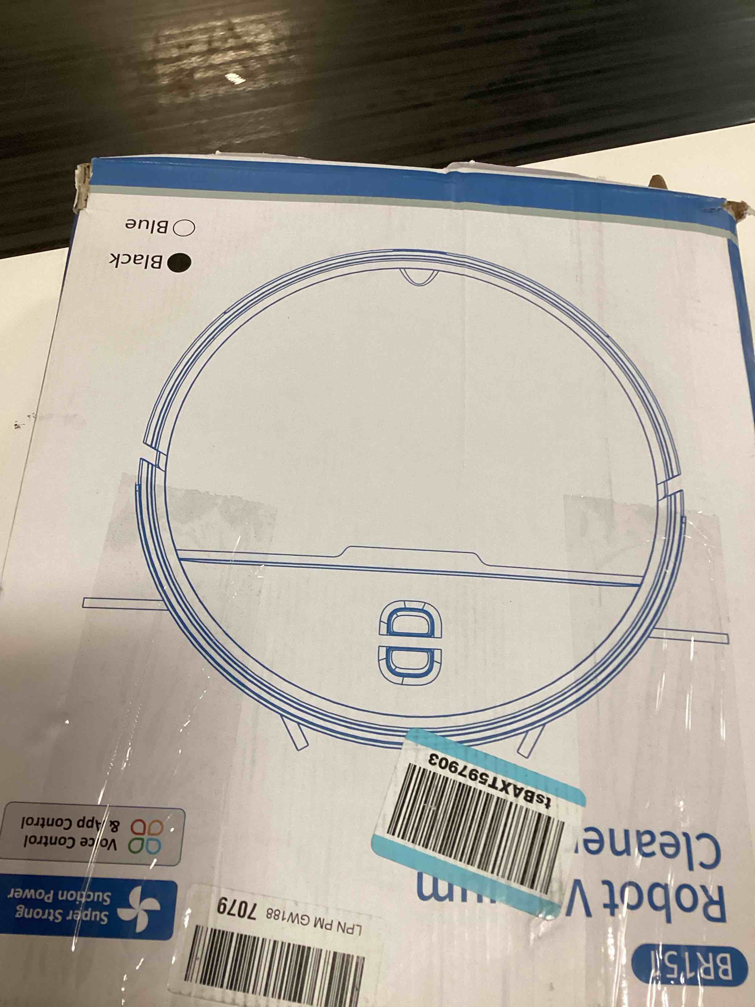 Condition photo showing As Is for robot vacuum and mop combo, robot vacuum cleaner with bagless self emptying station, 18000pa suction, lidar navigation, ideal for pet hair, carpet & hard floor, compatible with app/alexa/voice control purple