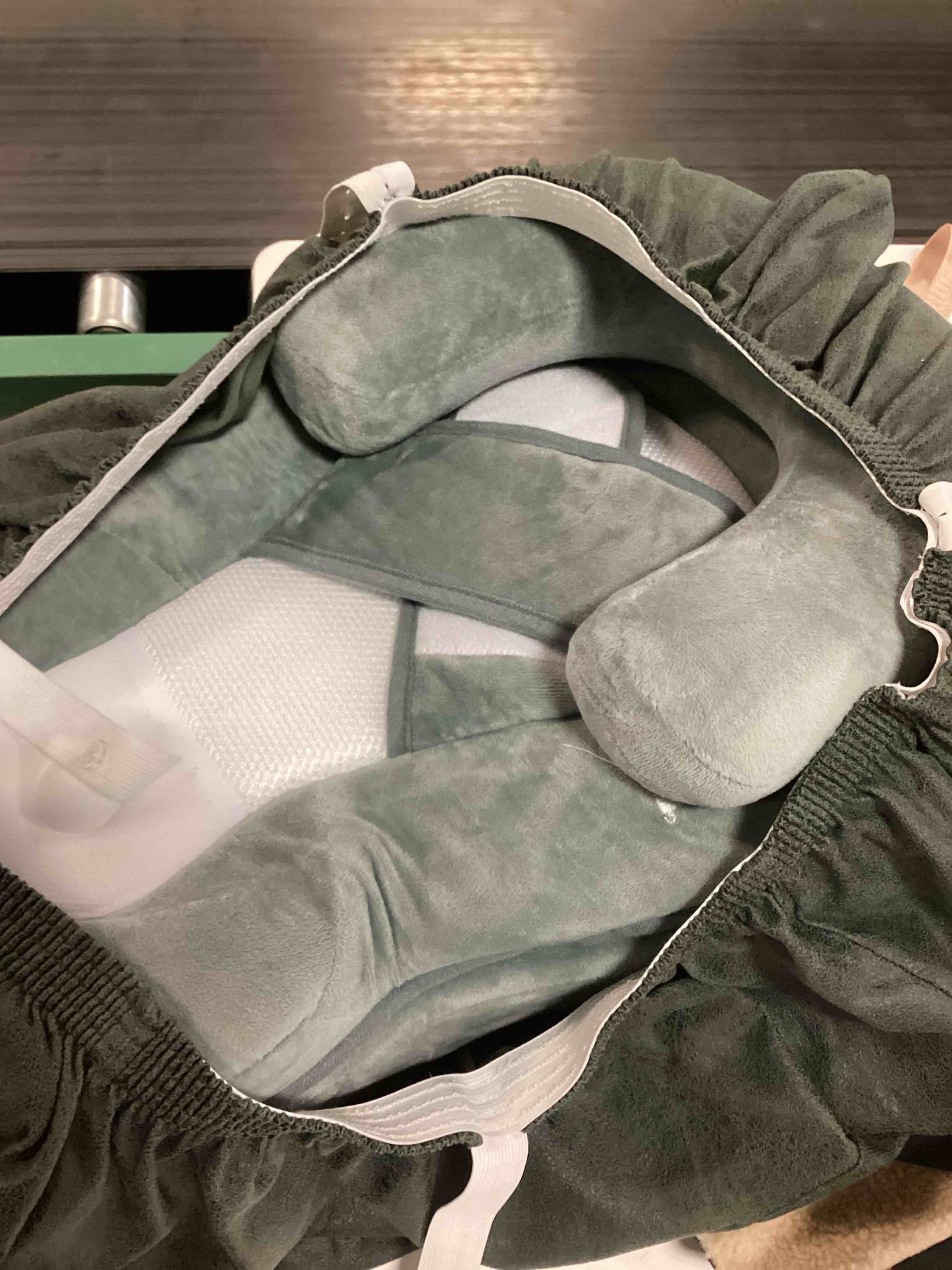 Condition photo showing As Is for green rootling baby feeding pillow, anti overflow feeding pillow for reducing spit-up, safety nursing pillow, baby lounger reflux wedge breastfeeding, removable top and bottom