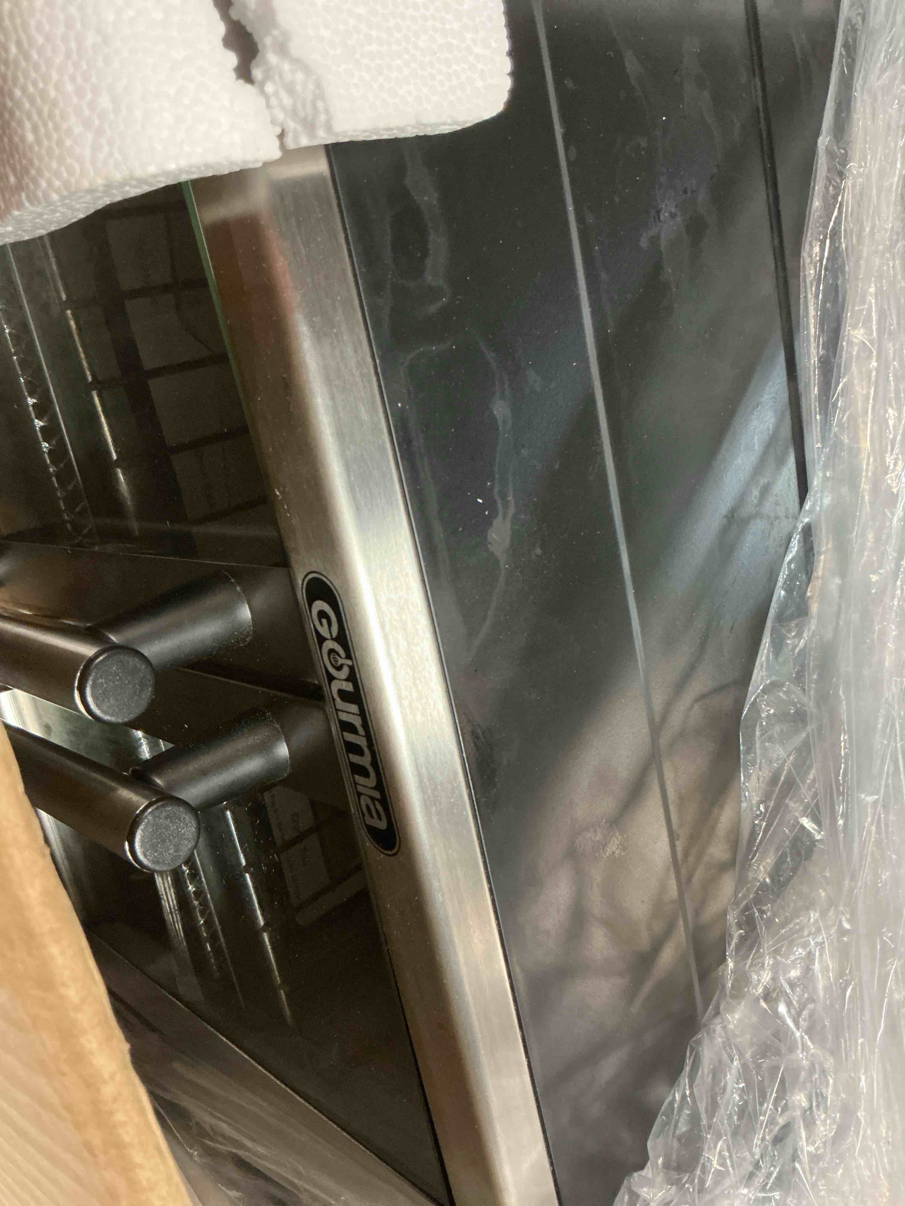 Condition photo showing As Is for gourmia french door air fryer – 25 qt large capacity convection oven, fryfroce 360°, digital display with 17 cooking presets, bake, toast, roast, dehydrate, fits 12” pizza stainless steel