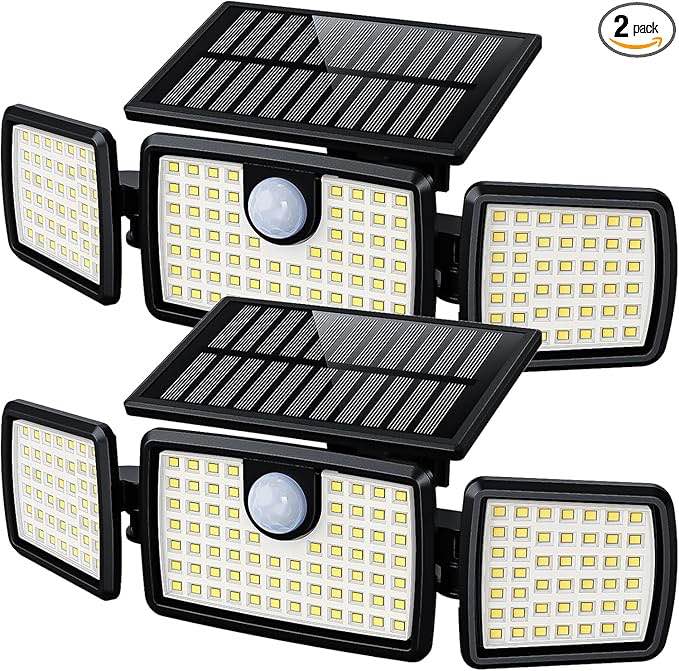 mihani solar flood lights outdoor, 2500lm motion sensor security lights with 270° wide angle, ip65 waterproof, 3 heads solar outdoor lights for patio, yard, house, garage (non-remote, 2 pack)