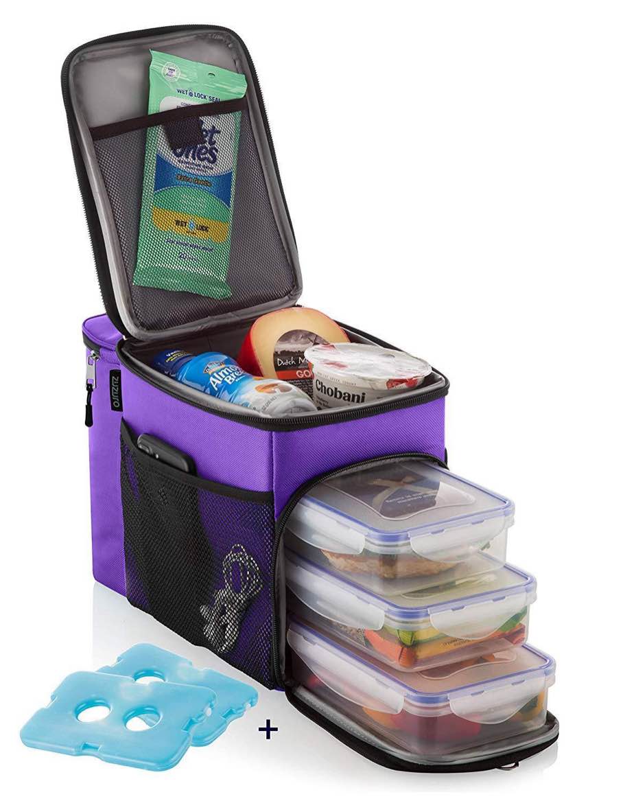 zuzuro lunch bag insulated cooler lunch box w/ 3 compartment - heavy-duty fabric, strong sbs zippers - includes 3 meal prep lunch box containers + 2 ice packs. for men women adults (purple