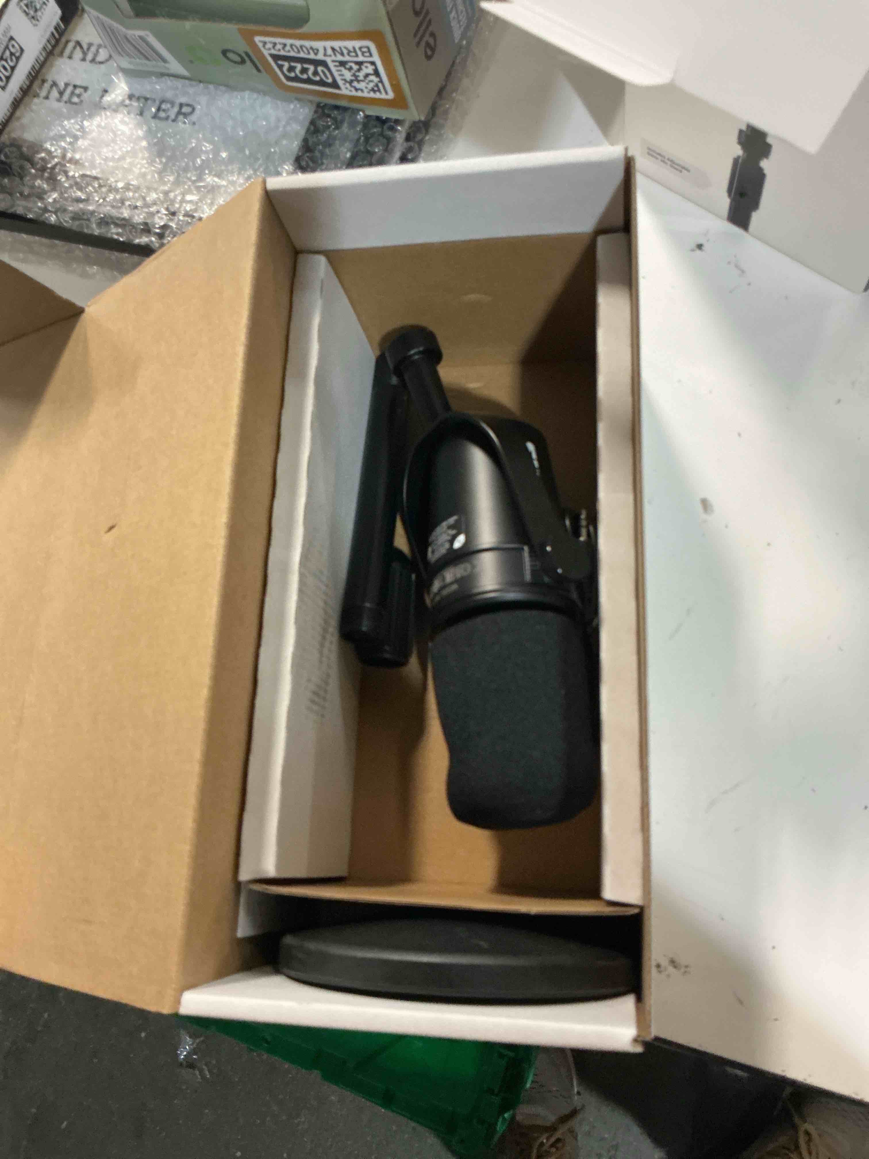 Condition photo showing As Is for shure mv7+ podcast dynamic microphone with stand. obs certified, enhanced audio, led touch panel, usb-c & xlr outputs, auto level mode, digital pop filter, podcasting, streaming, recording - black