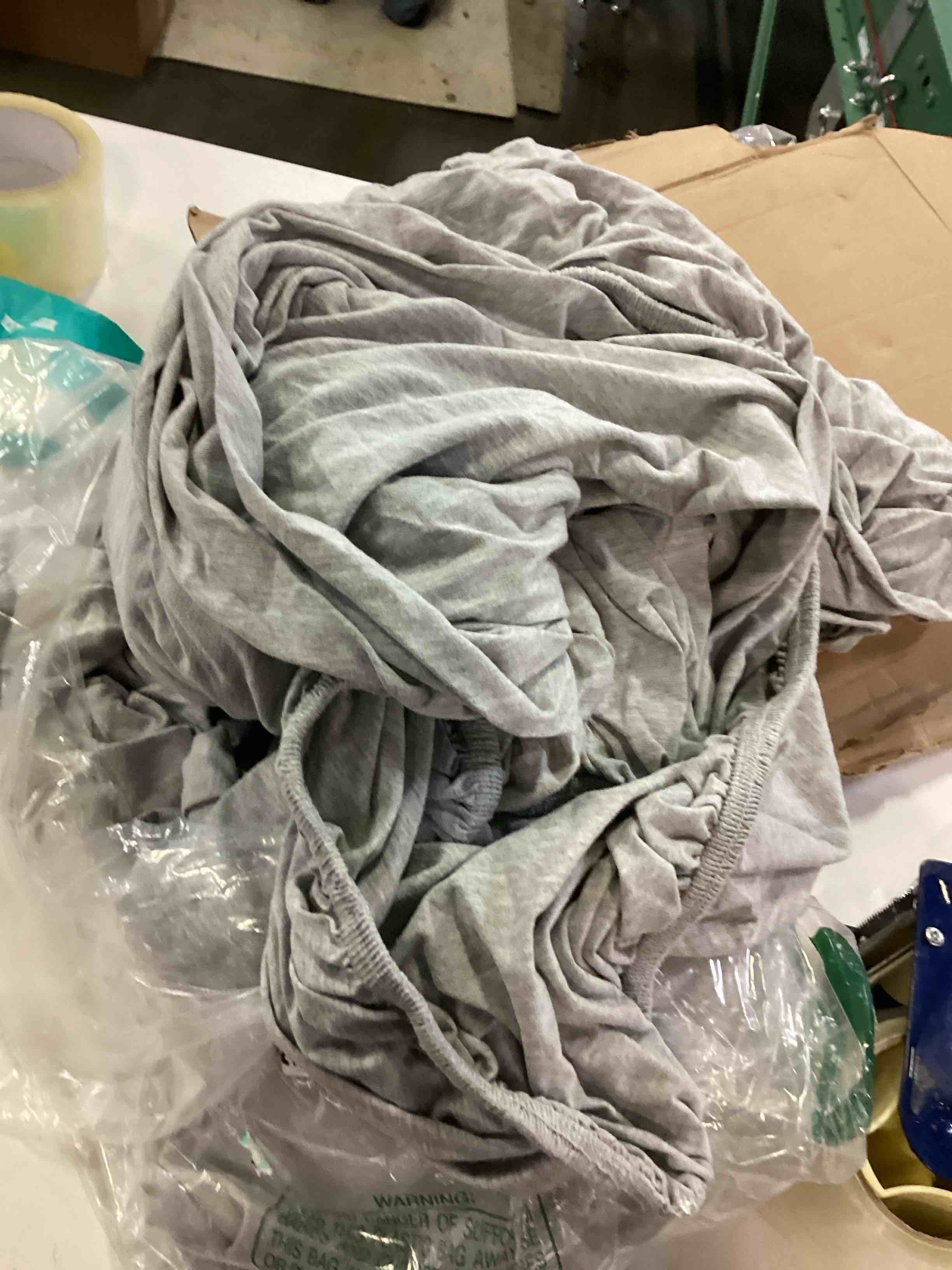 Condition photo showing As Is for box spring cover queen size, alternates for bed skirt, smooth and elastic woven material wrap around 4 sides of the box spring, wrinkle & fading resistant, washable, dustproof, gray
