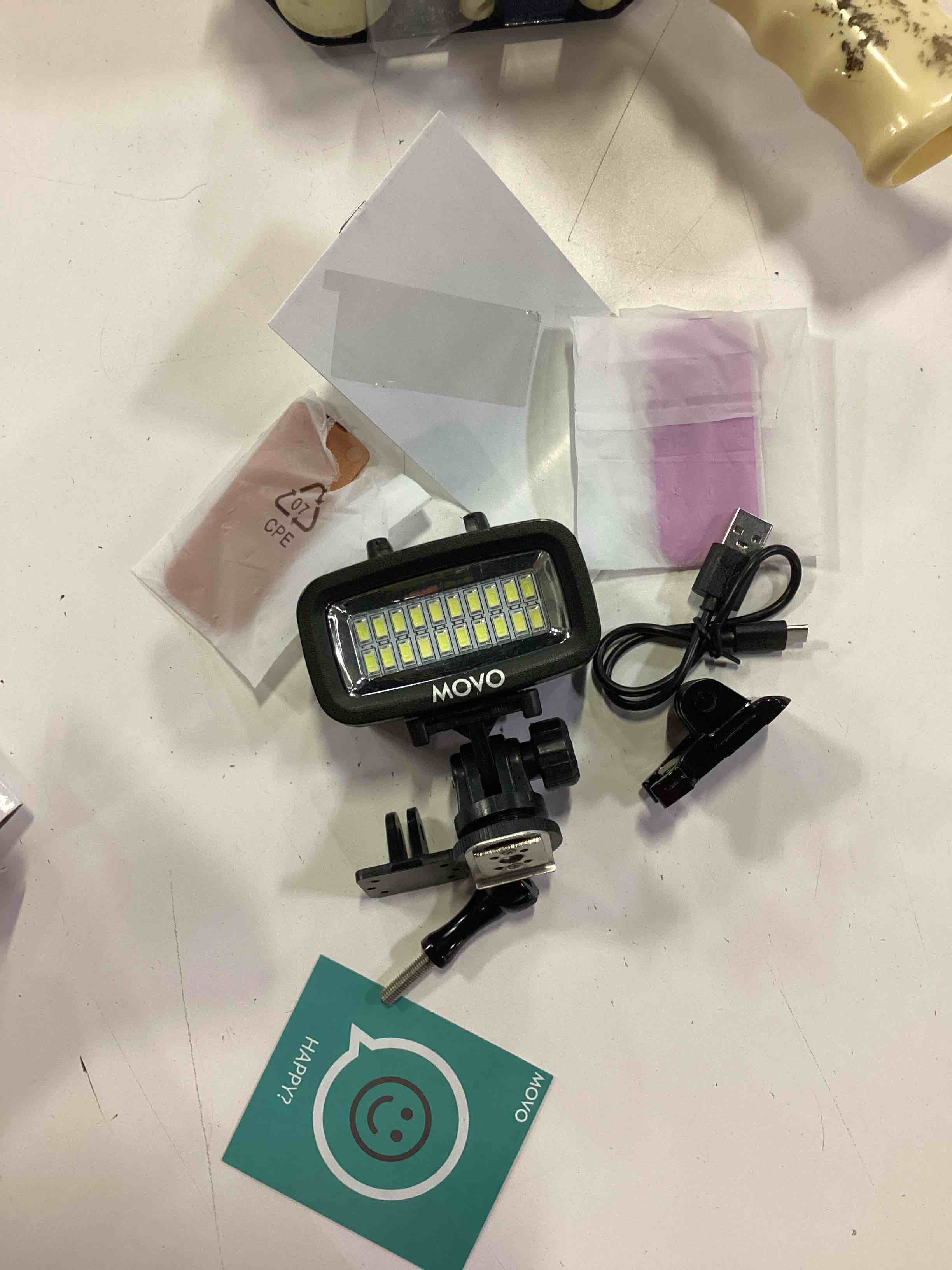 Condition photo showing As Is for movo led-wp underwater high-power rechargeable led video light with action camera and shoe mounts, compatible with gopro, dslr - perfect for vlogging, traveling, scuba diving, snorkel, surfing, sport