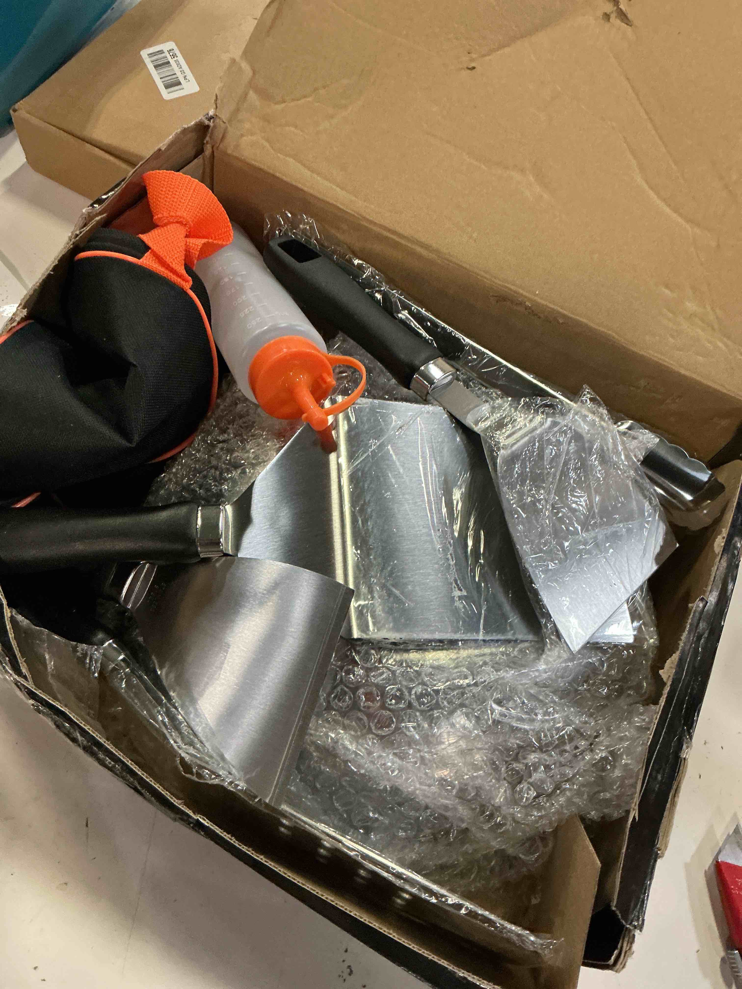Condition photo showing Good Condition for grilliance 27pcs griddle accessories kit for blackstone, professional hibachi flat top grill tools, enlarged spatula gift set with basting cover?burger press patty maker for outdoor bbq teppanyaki