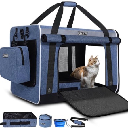 petskd extra large cat carrier for 55lbs pet car travel with litter box, 24"x17"x17" soft large cats or medium dog carrier with 5 breathable mesh windows and locking zippers for long distance(blue)