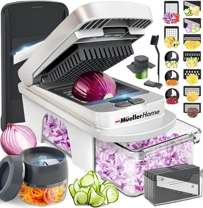 Mueller Pro-Series All-in-One, 12 Blade Mandoline Slicer for Kitchen Vegetable Chopper, Vegetable Slicer and Spiralizer, Cutter, Dicer, Food Chopper, Grater, Kitchen Gadgets Sets with Container (B0B72DL8KL)