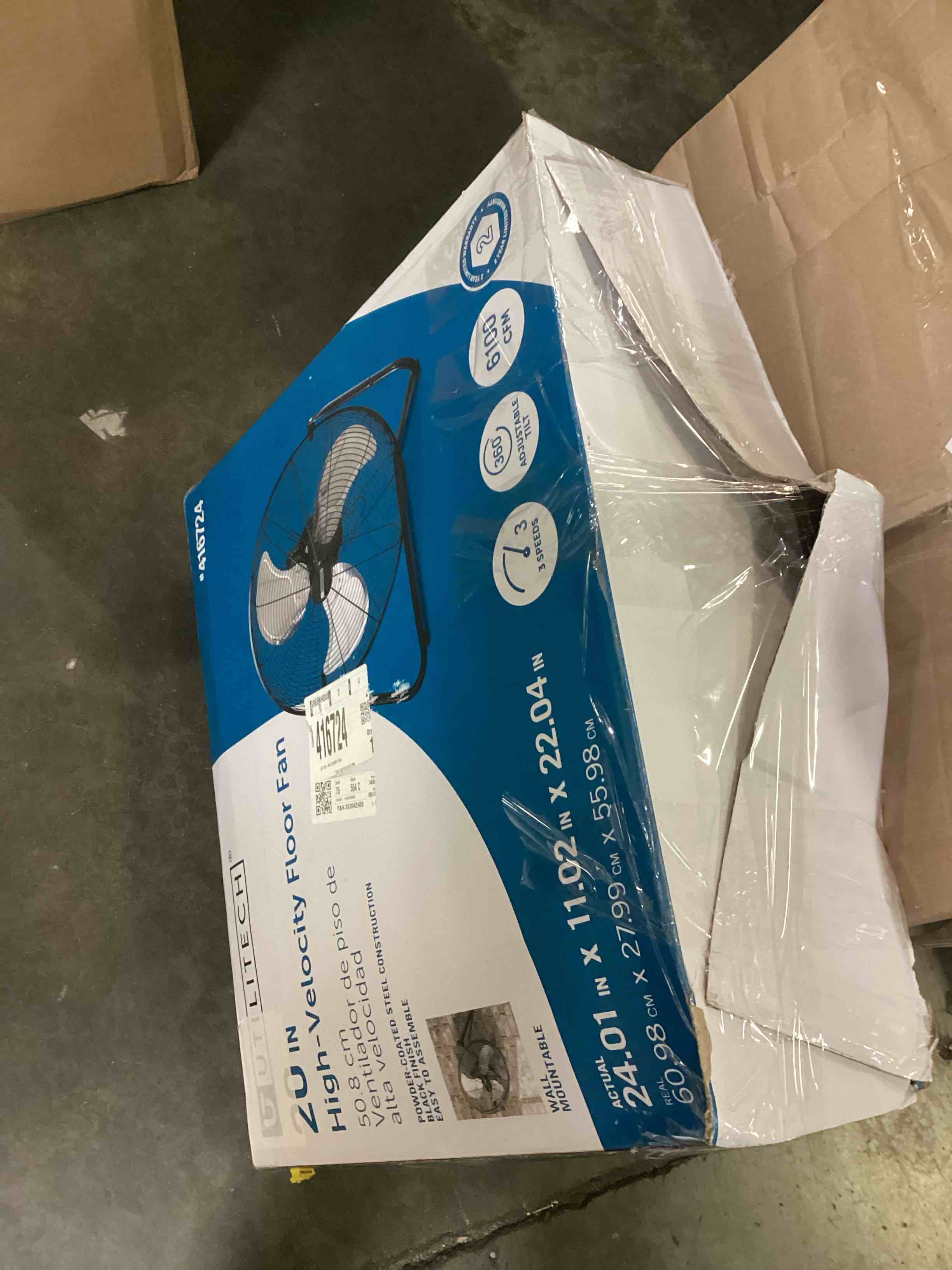 Condition photo showing As Is for utilitech 20-in 120-volt 3-speed high velocity indoor black floor fan
