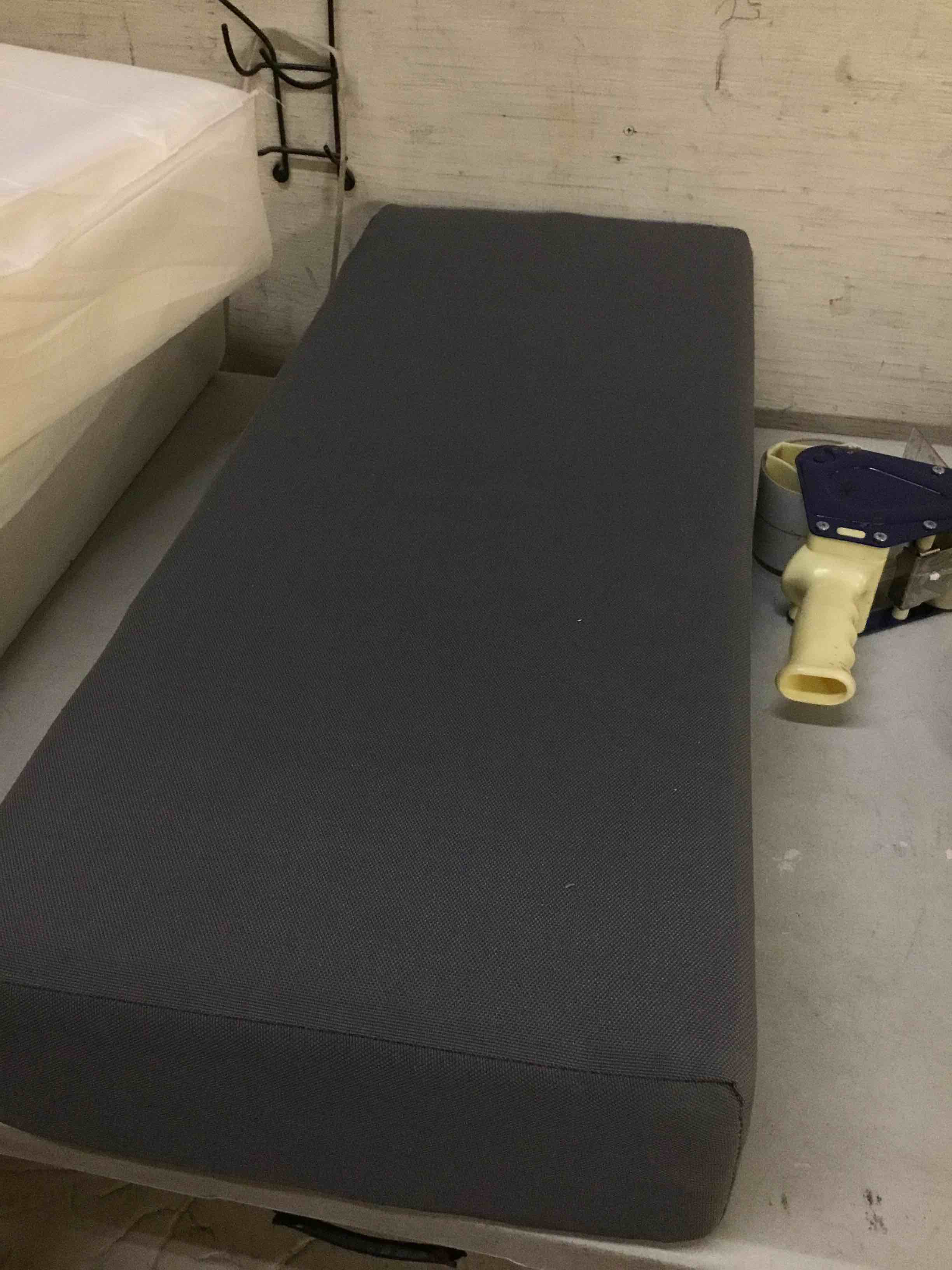 Condition photo showing As Is for balapet waterproof sauna seat cushion, thick high-density foam heat insulation mat for sauna bath house shower room, sauna accessories for infrared sauna resting(gray) size 14x33 4pack