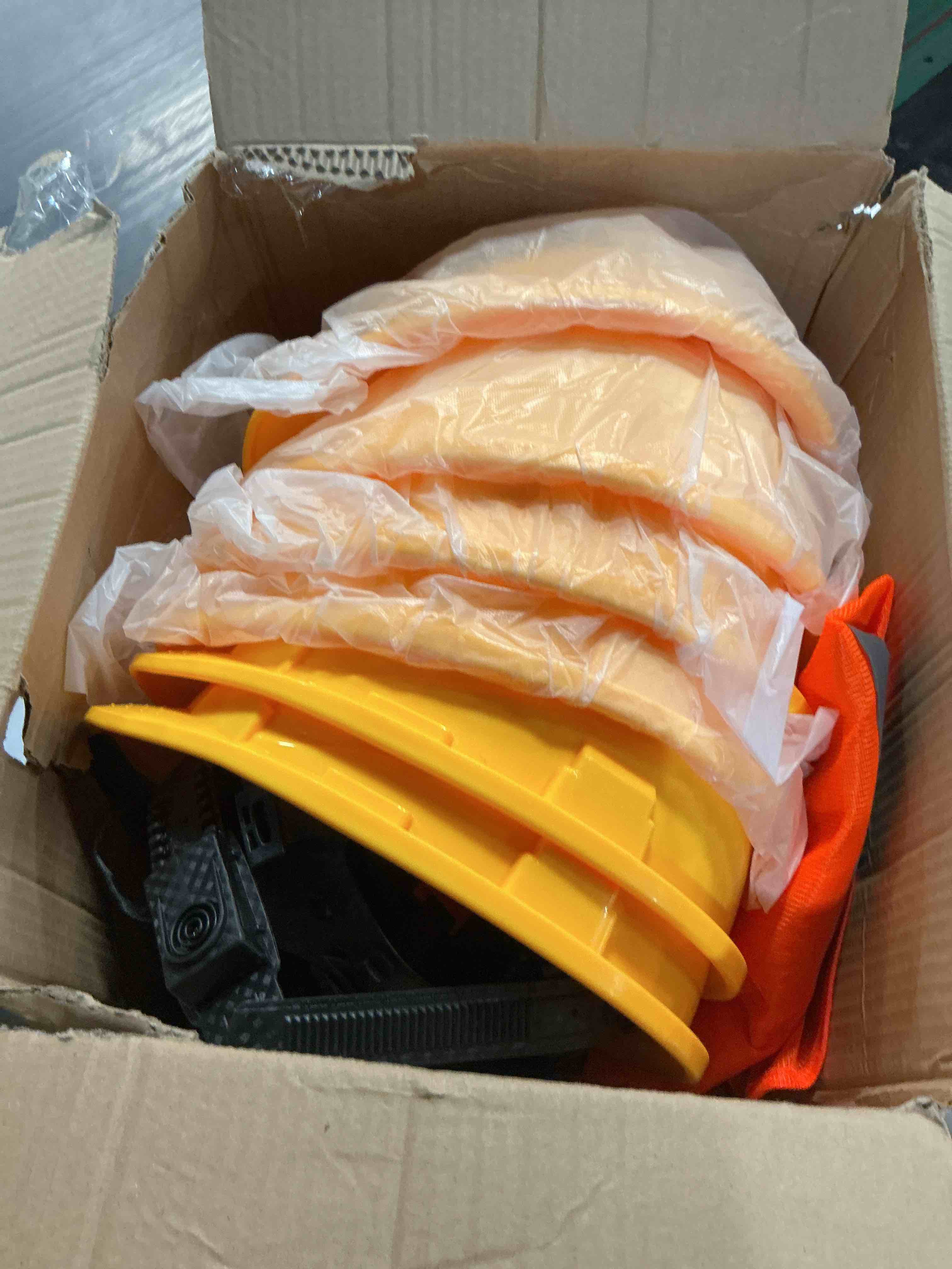 Condition photo showing Good Condition for 4 pt. suspension hard hat with safety vests bulk safety helmets adjustable ratchet hard hats, vents & sweat cotton brow pad - abs construction helmets for work sites & outdoor labor yellow 6 set