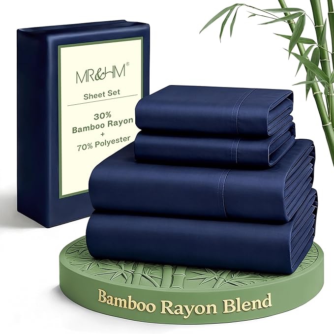 mr&hm twin xl sheets set, 3-piece cooling sheets, rayon derived from bamboo & polyester blend, soft & silky, 15" deep pockets with elastic straps, hotel luxury for hot sleepers, navy blue