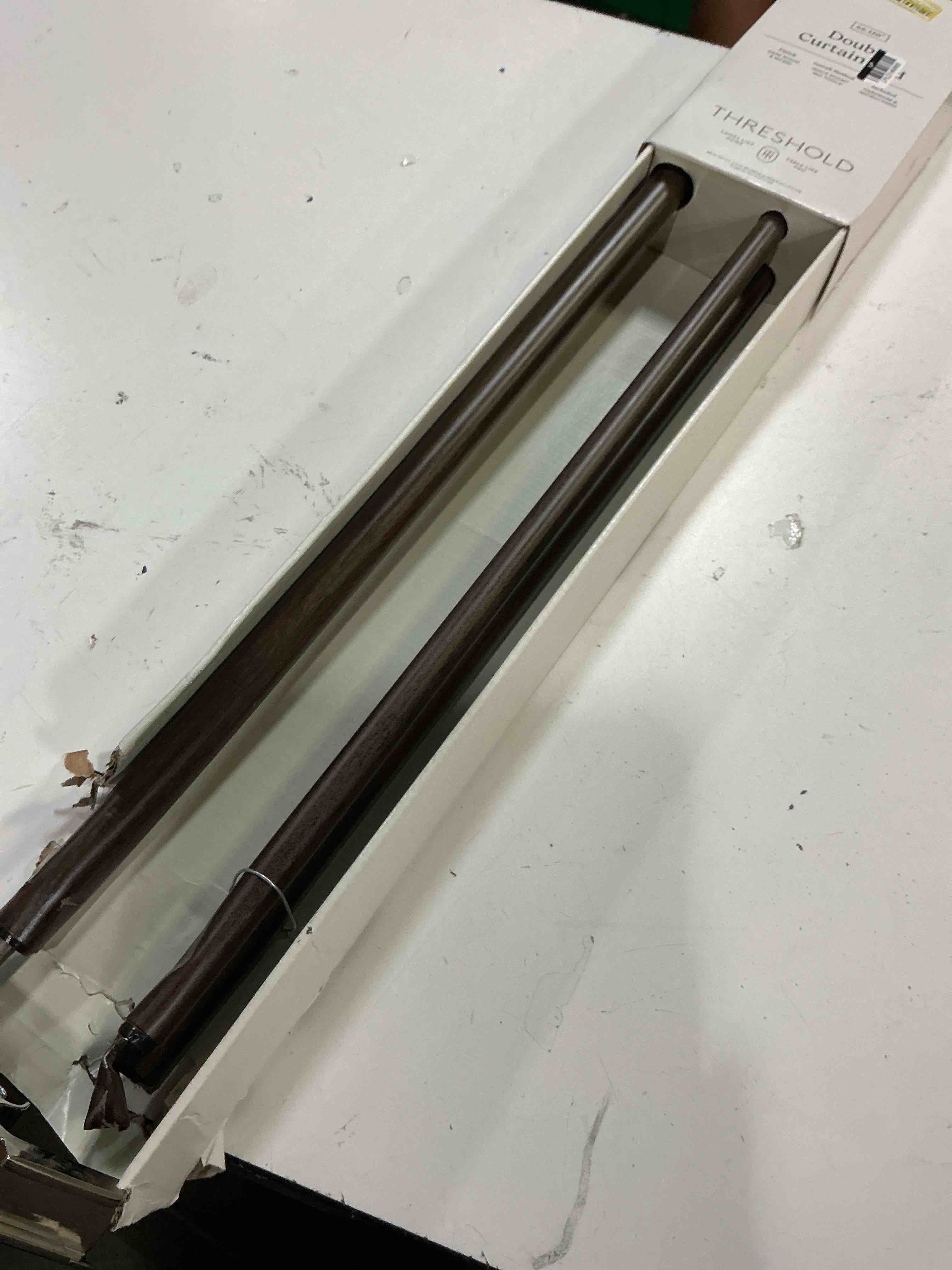 Condition photo showing As Is for 66"-120" double curtain rod with easy install nickel/dark brown - threshold™: aluminum & steel, painted nickel finish
