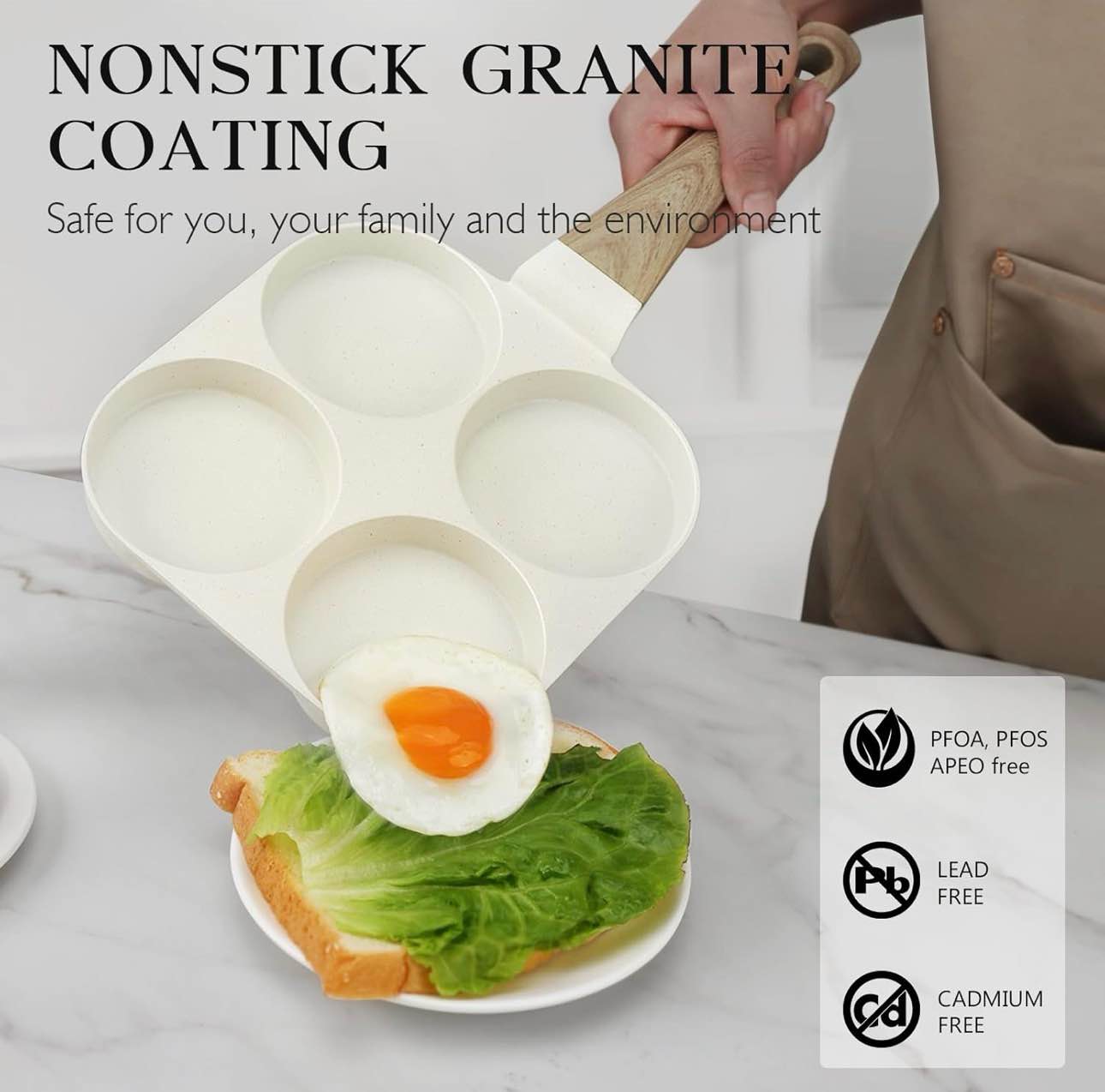 Condition photo showing Brand New for 4 cup egg pan with wooden handle, non stick aluminum alloy frying pan