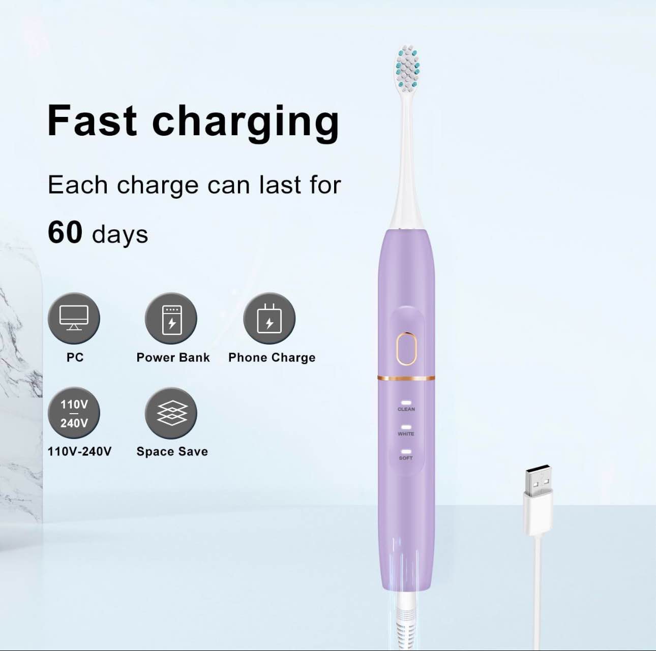 Condition photo showing New/Like New for electric toothbrush set, comes with 8 brush heads & travel case,4 modes with 2 minutes built in smart timer, one charge for 60 days, 42000 vpm motor (purple)