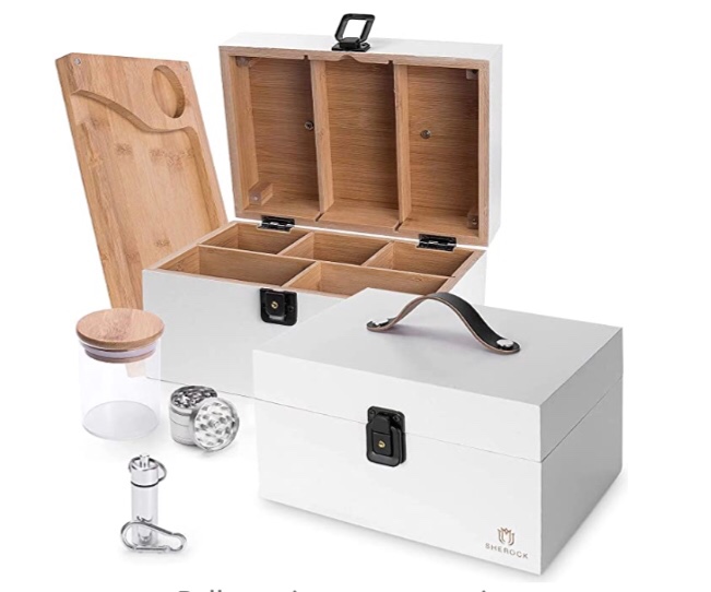 SHEROCK White Wooden Box, with Leather Carrying Handle Stash Box Kit - Rolling Tray, Jar and Grinder, Smell Proof Box, Stylish Stash Box with Safety Lock Storage Box 100% Bamboo Box
