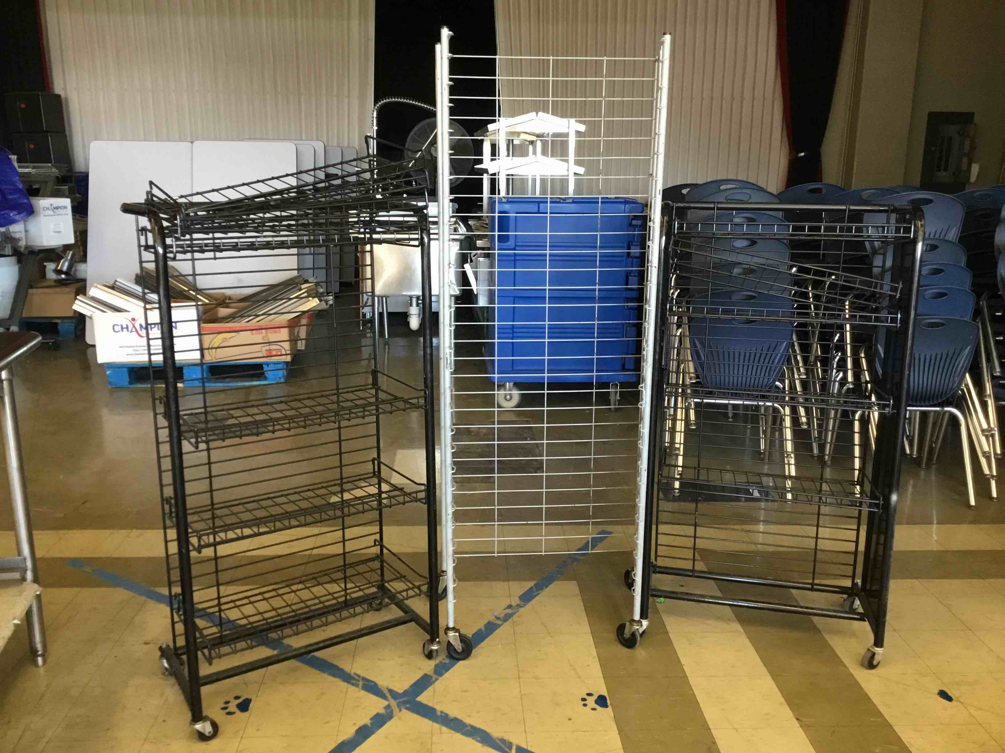 Assorted Kitchen Display Racks (Size and Style Varies). Located in Cafeteria 