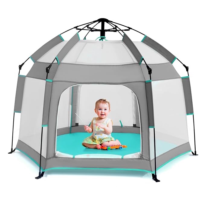 bend river baby playpen with canopy, hexagon toddler beach tent(grey) | portable infant play yard, mosquito net, indoor and outdoor, instant installation, pop up, travel bag