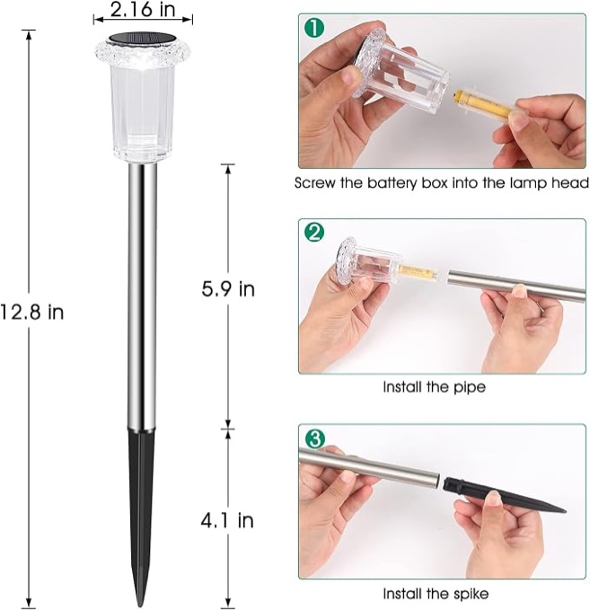 Condition photo showing As Is for eyrosa solar outdoor lights, 10 pack waterproof stainless steel solar stake lights for pathway garden yard path walkway driveway lawn patio outside decor, cool white