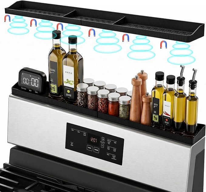 awoke stove top shelf 30 inch - silicone material magnetic shelf for stove - 3 functional partitions kitchen spice rack organizer-black,kitchen gadgets storage organization