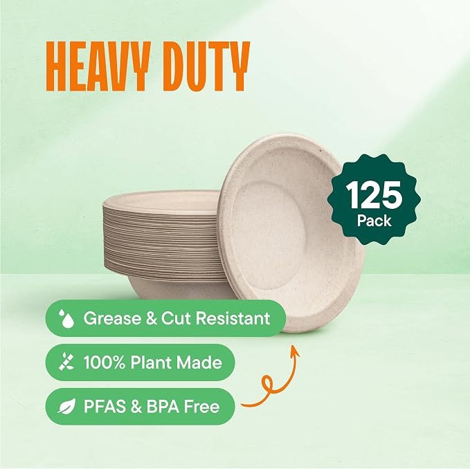 stack man paper bowls, 100% compostable disposable soup bowl [125-pack] 12 oz. heavy duty, eco-friendly, biodegradable bagasse hot food plates and bowls - natural brown (bpi certified) (pfas-free
