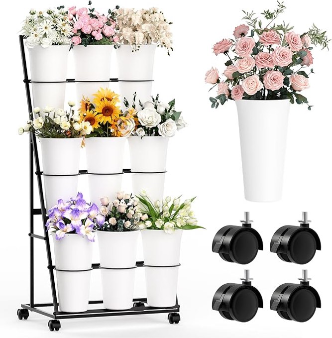 invech flower display stand with 9 buckets and wheels, 3 tier flower cart display stand for indoor outdoor garden, wedding, flower shop (black)